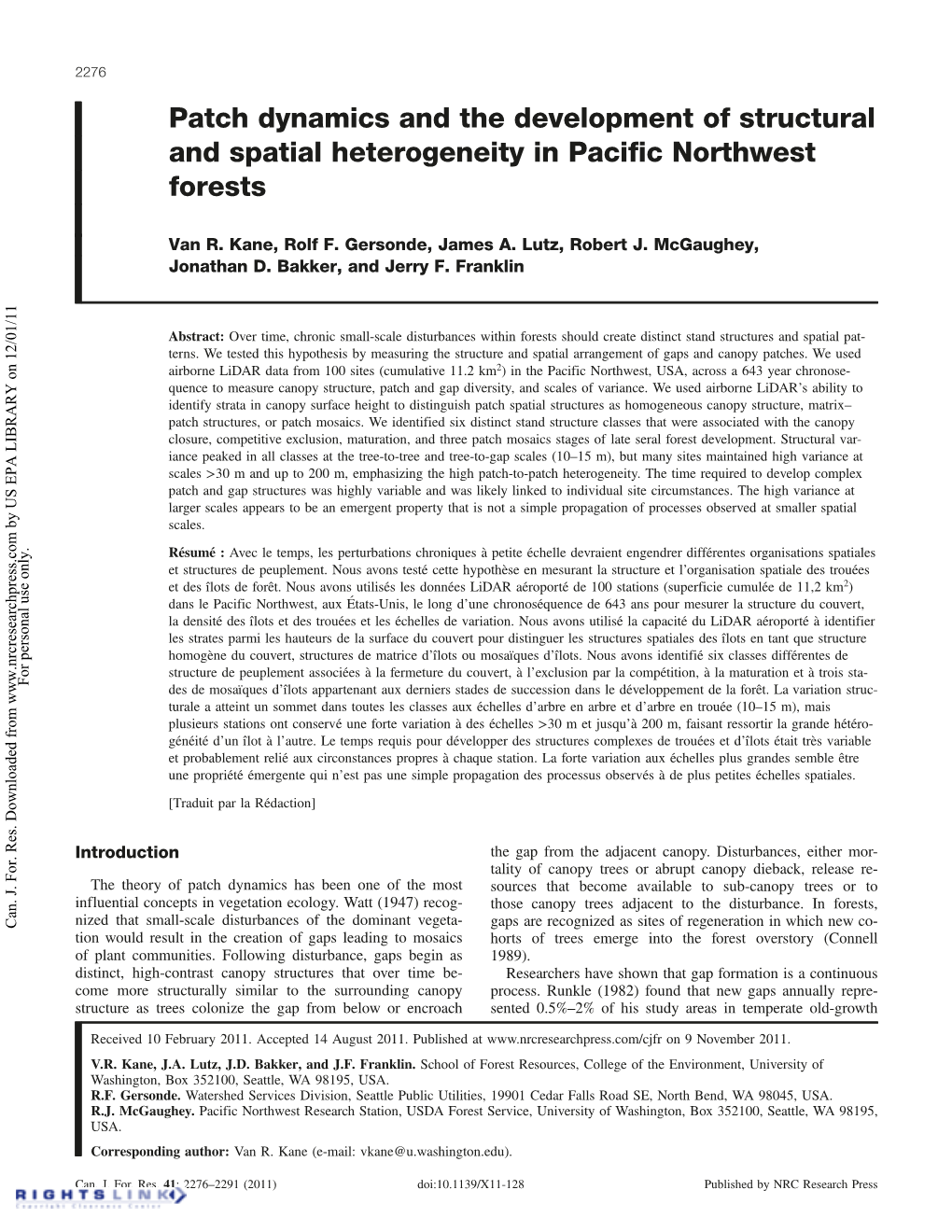 Patch Dynamics and the Development of Structural and Spatial Heterogeneity in Pacific Northwest Forests