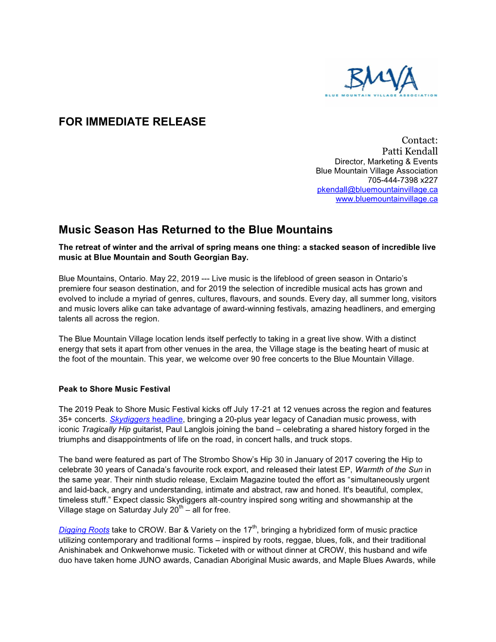 FOR IMMEDIATE RELEASE Music Season