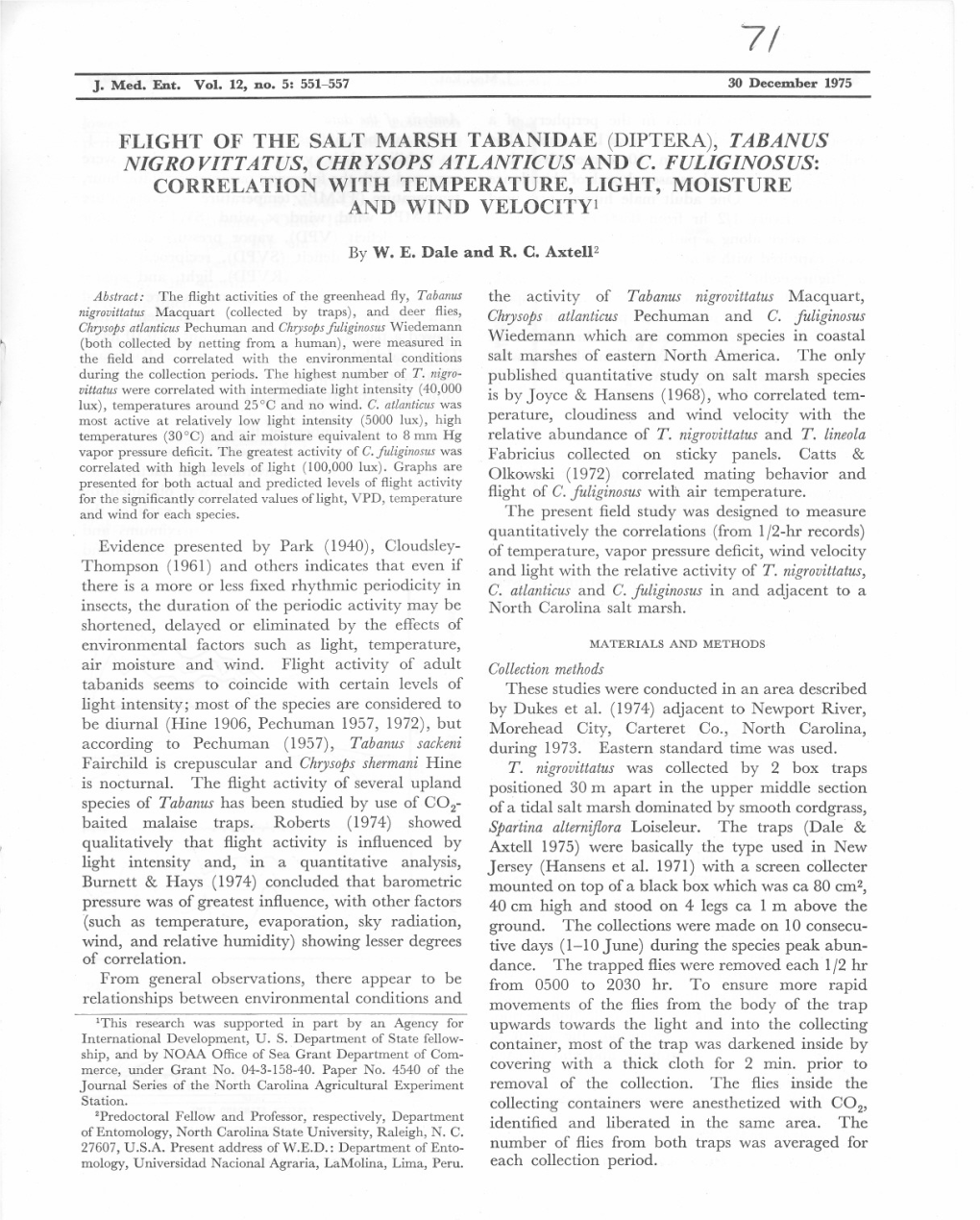 Flight of the Salt Marsh Tabanidae (Diptera), Tabanus Nigrovittatus, Chrysops Atlanticus and C. Fuliginosus: Correlation with Te