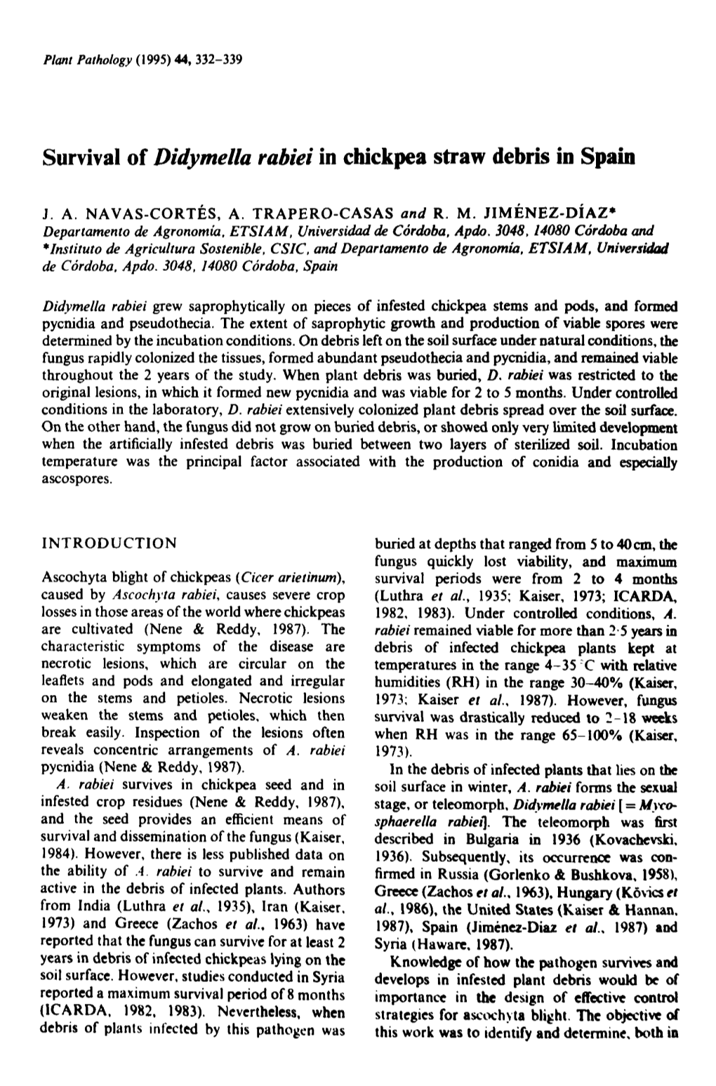 Survival of Didymella Rabiei in Chickpea Straw Debris in Spain