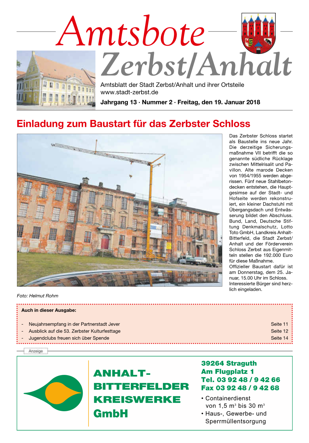 Zerbst/Anhalt Amtsblatt Der Stadt Zerbst/Anhalt Und Ihrer Ortsteile Jahrgang 13 · Nummer 2 · Freitag, Den 19