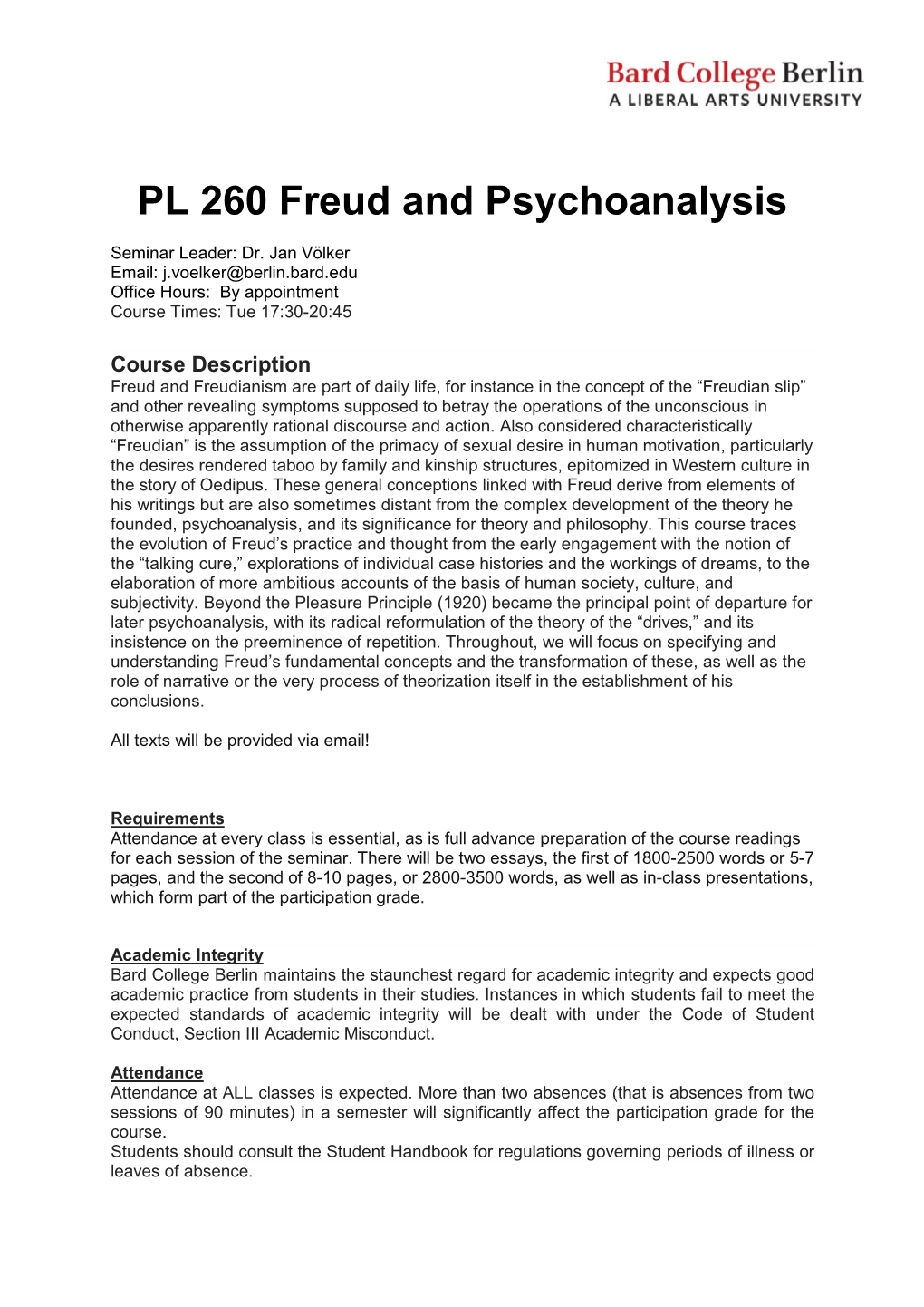 PL 260 Freud and Psychoanalysis