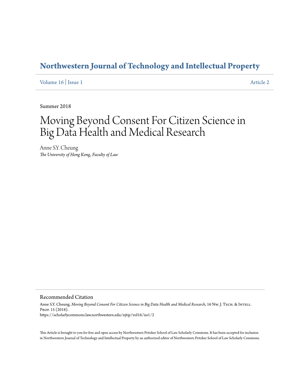 Moving Beyond Consent for Citizen Science in Big Data Health and Medical Research Anne S.Y