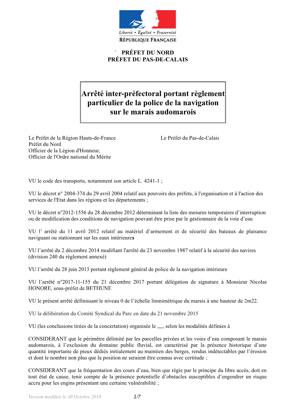 Arrêté Inter-Préfectoral Portant Règlement Particulier De La Police De La Navigation Sur Le Marais Audomarois