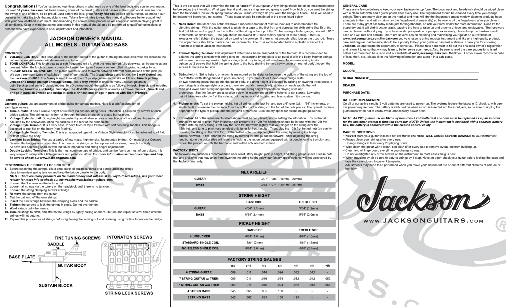 Jackson Owner's Manual All Models