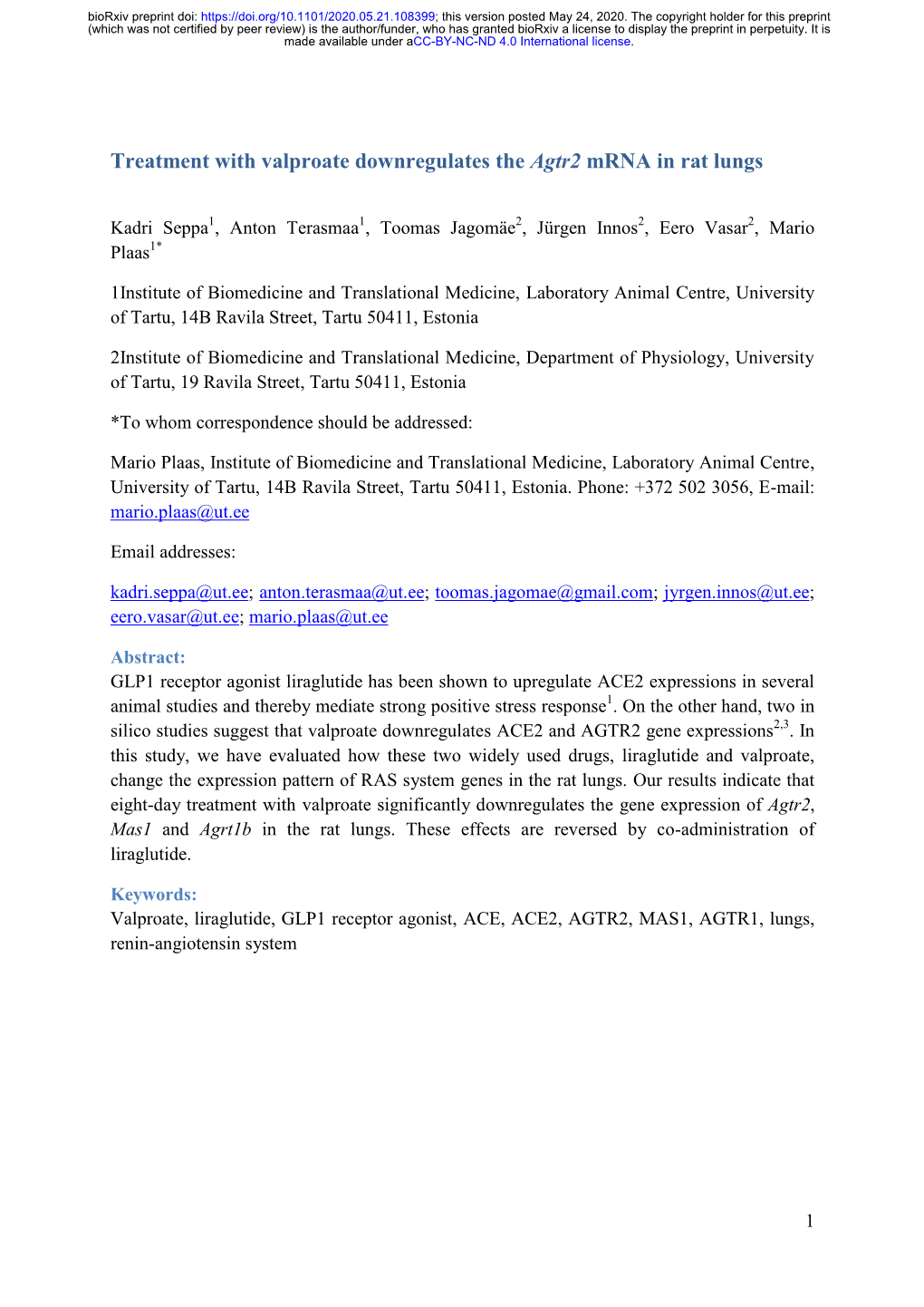 Treatment with Valproate Downregulates the Agtr2 Mrna in Rat Lungs