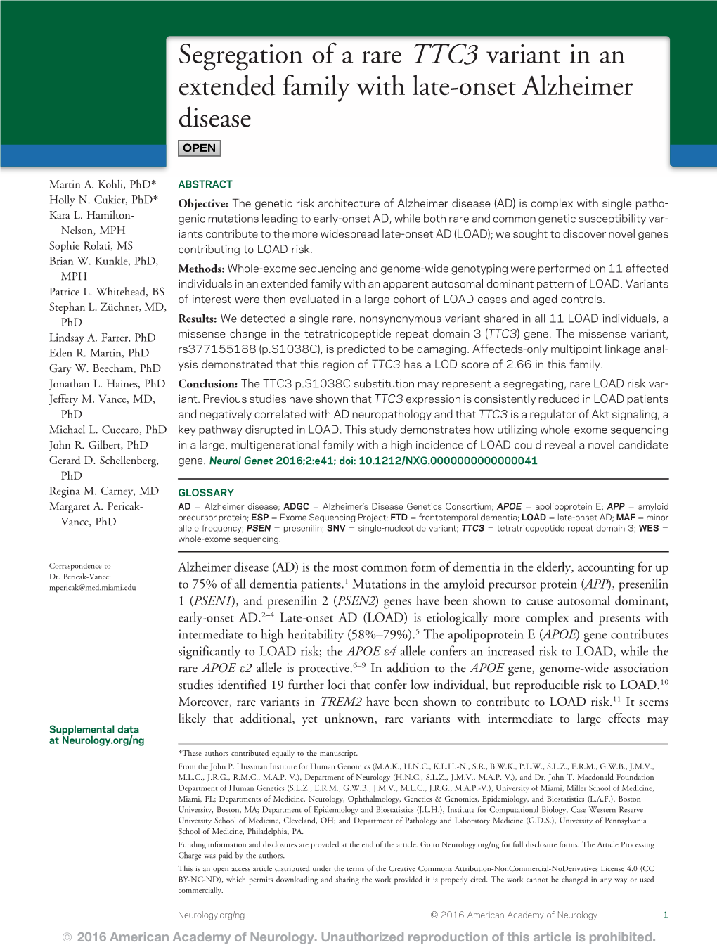 Segregation of a Rare TTC3 Variant in an Extended Family with Late-Onset Alzheimer Disease