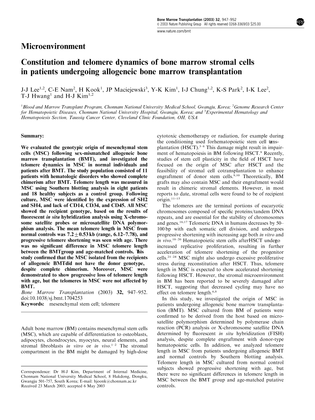 Microenvironment Constitution and Telomere Dynamics of Bone Marrow Stromal Cells in Patients Undergoing Allogeneic Bone Marrow Transplantation