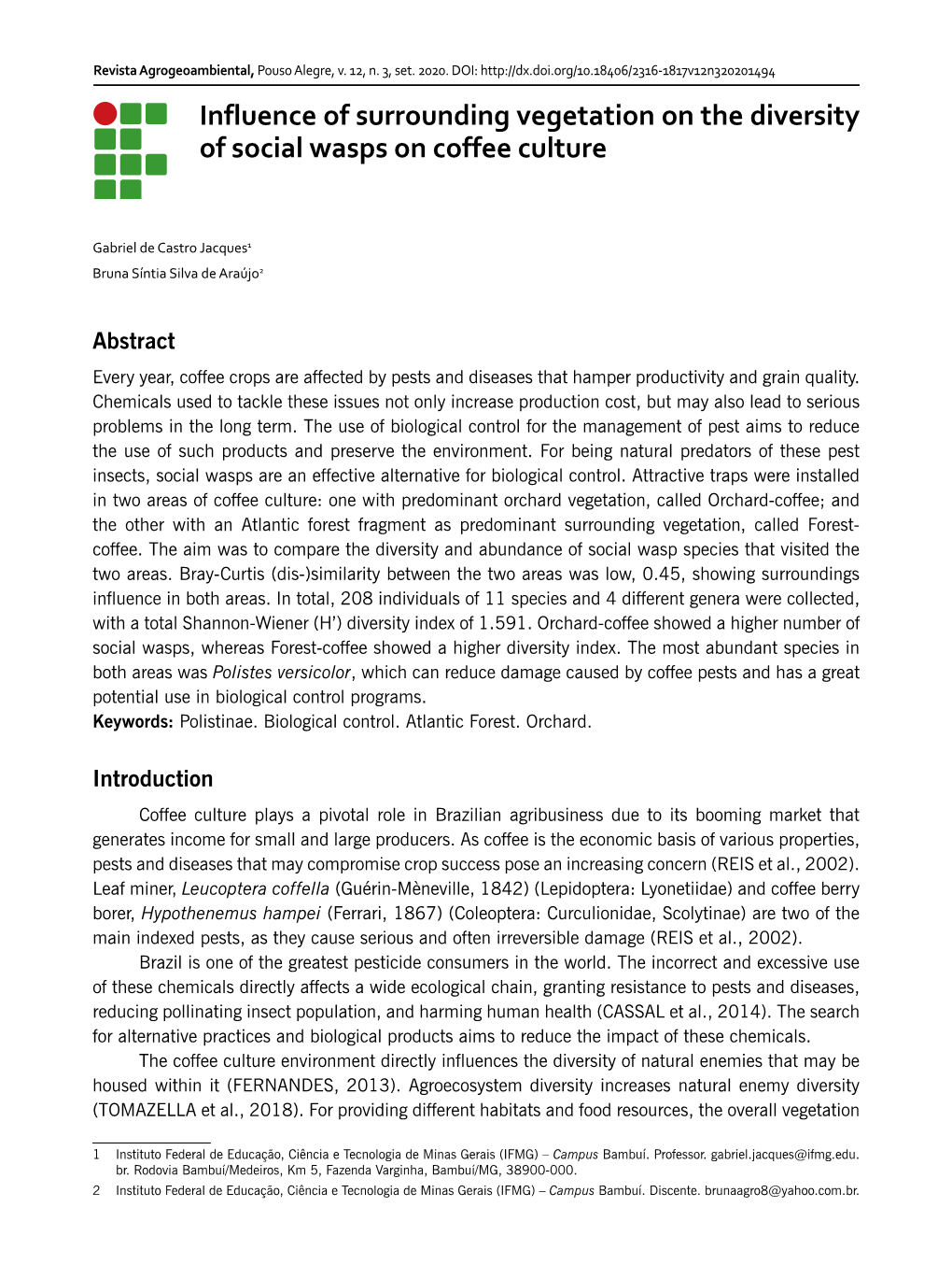 Influence of Surrounding Vegetation on the Diversity of Social Wasps on Coffee Culture