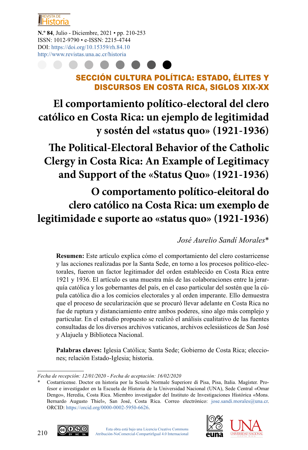 El Comportamiento Político-Electoral Del Clero Católico En Costa Rica: Un Ejemplo De Legitimidad Y Sostén Del «Status Quo»