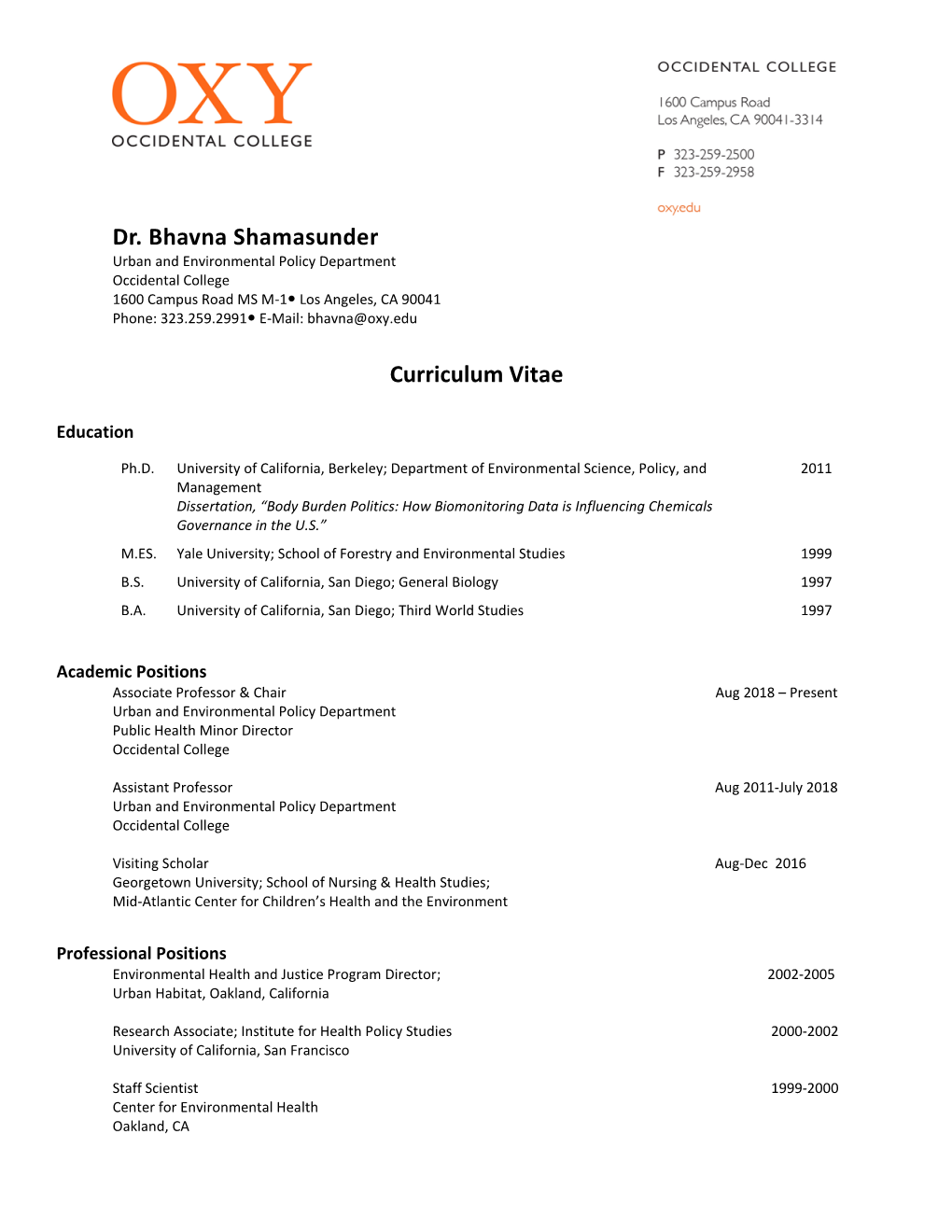 Dr. Bhavna Shamasunder Curriculum Vitae