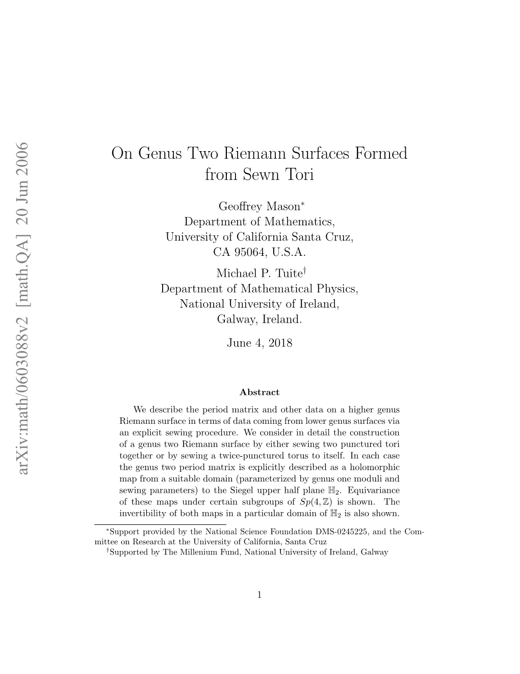 [Math.QA] 20 Jun 2006 on Genus Two Riemann Surfaces Formed from Sewn Tori