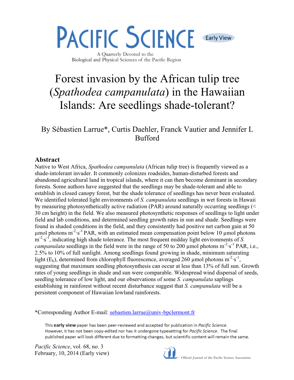 Spathodea Campanulata) in the Hawaiian Islands: Are Seedlings Shade-Tolerant?