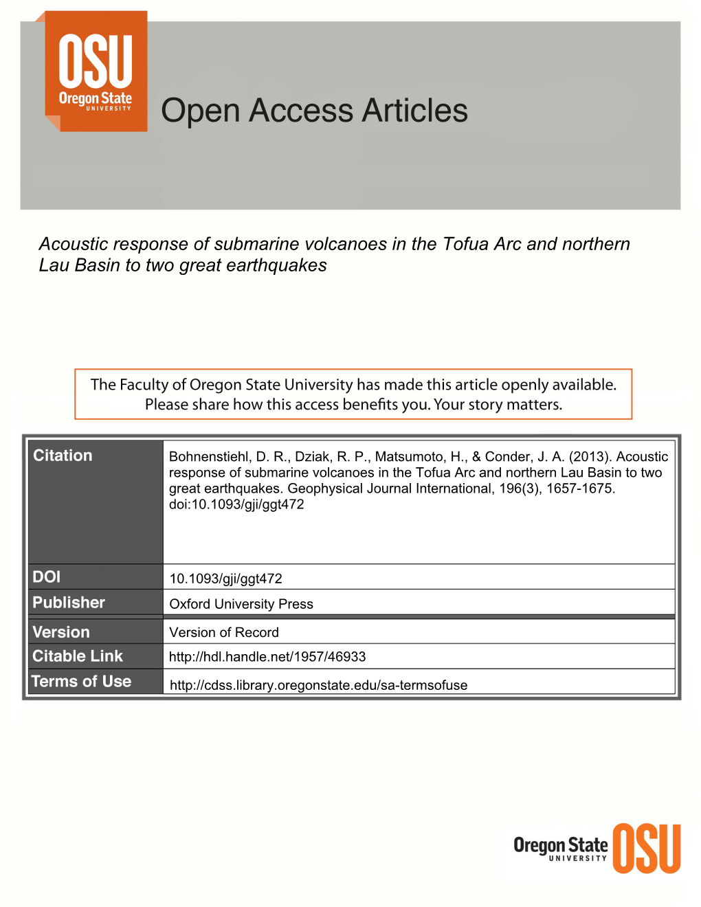 Acoustic Response of Submarine Volcanoes in the Tofua Arc and Northern Lau Basin to Two Great Earthquakes