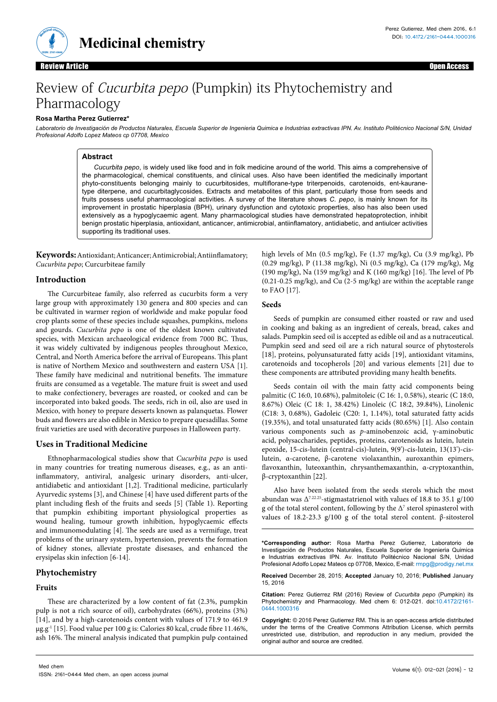 Review of Cucurbita Pepo (Pumpkin) Its Phytochemistry and Pharmacology