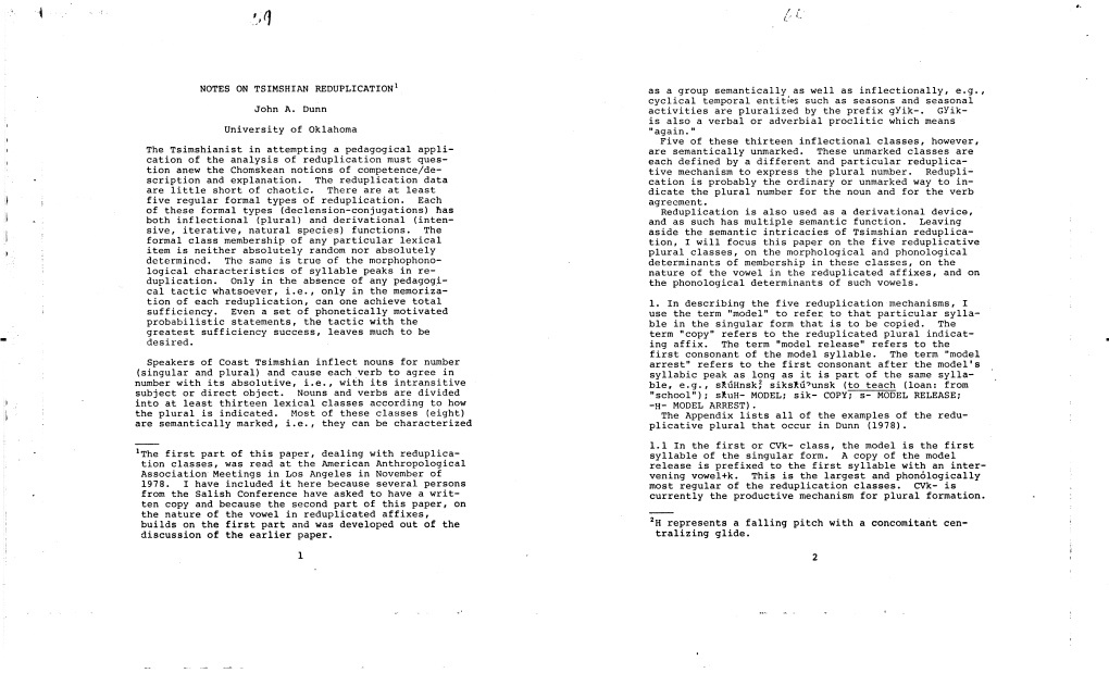 NOTES on TSIMSHIAN REDUPLICATION L As a Group Semantically As Well As Inflectionally, E.G., Cyclical Temporal Entities Such As Seasons and Seasonal John A