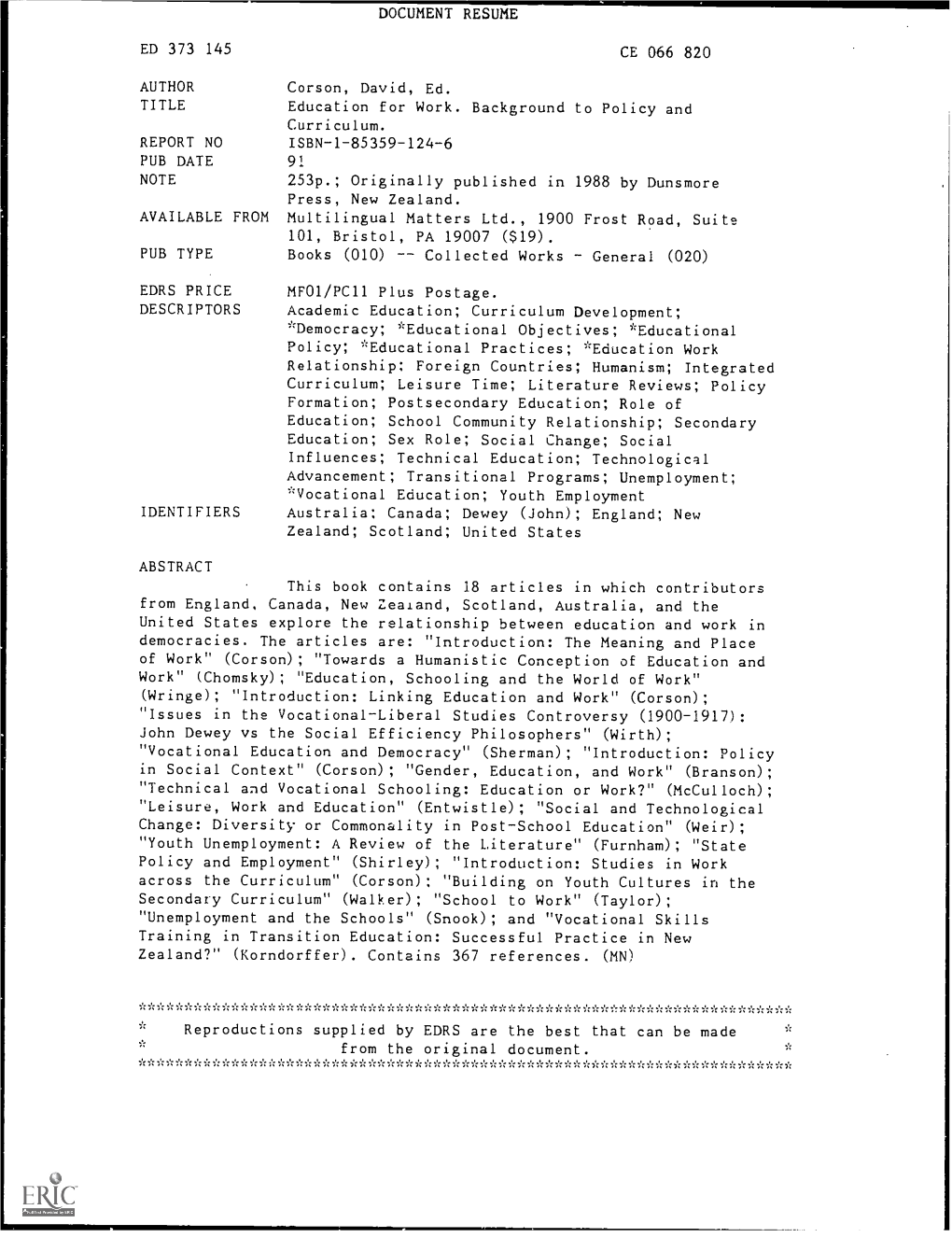 Ed 373 145 Author Title Report No Pub Date Note Available from Pub Type Edrs Price Descriptors Identifiers Abstract Document