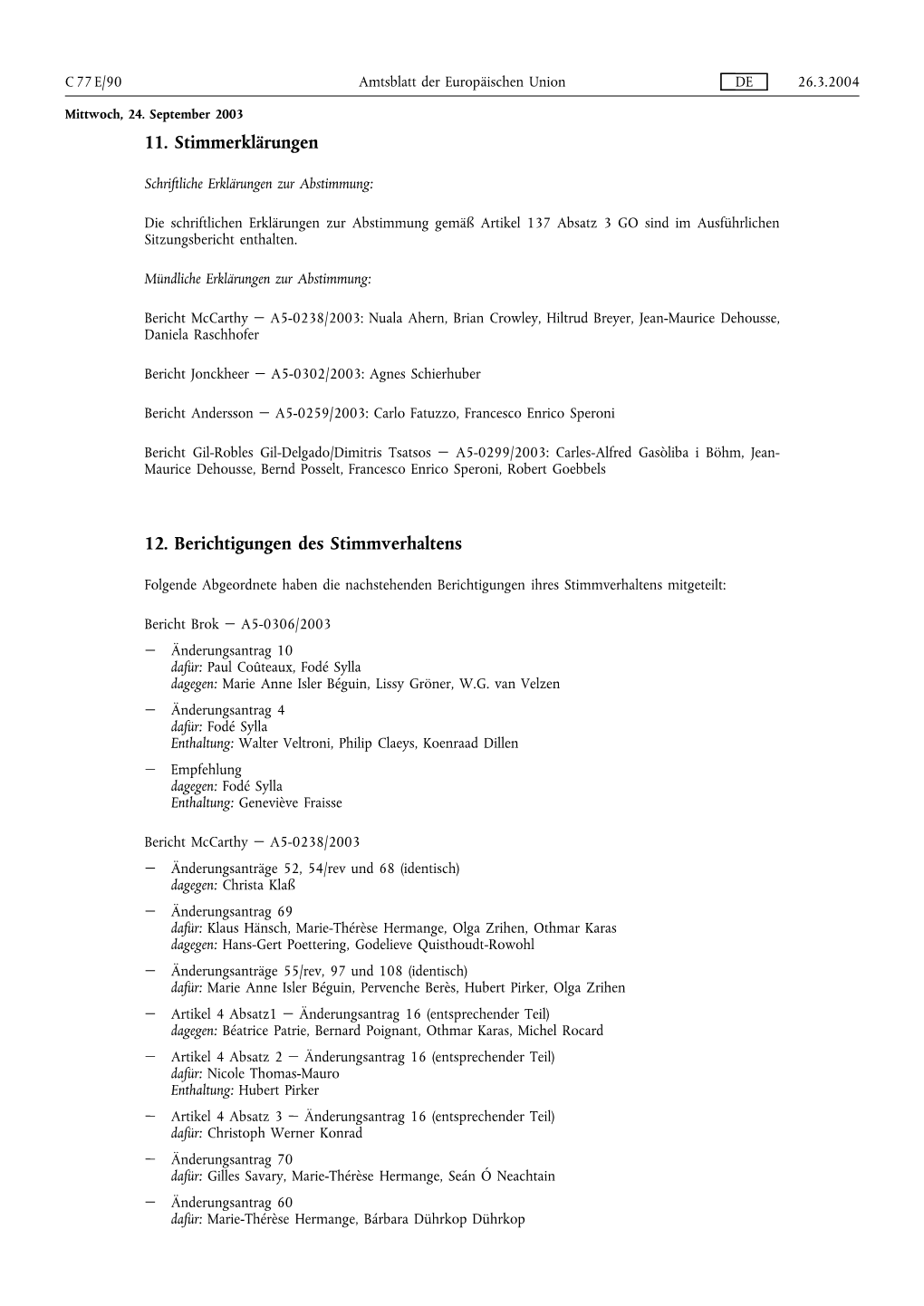 11. Stimmerklärungen 12. Berichtigungen Des Stimmverhaltens