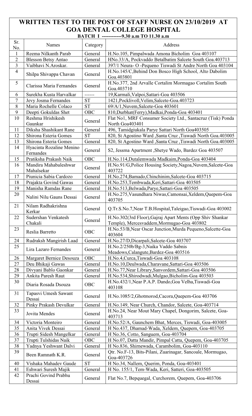 WRITTEN TEST to the POST of STAFF NURSE on 23/10/2019 at GOA DENTAL COLLEGE HOSPITAL BATCH I ------9.30 A.M to 11.30 A.M Sr