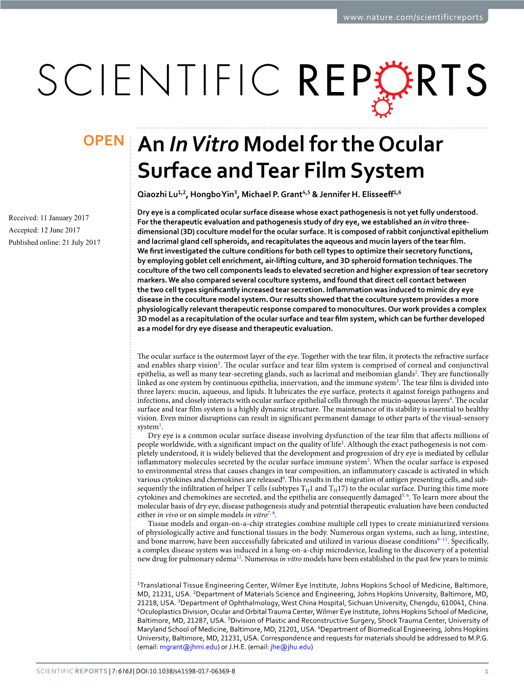 An in Vitro Model for the Ocular Surface and Tear Film System Qiaozhi Lu1,2, Hongbo Yin3, Michael P