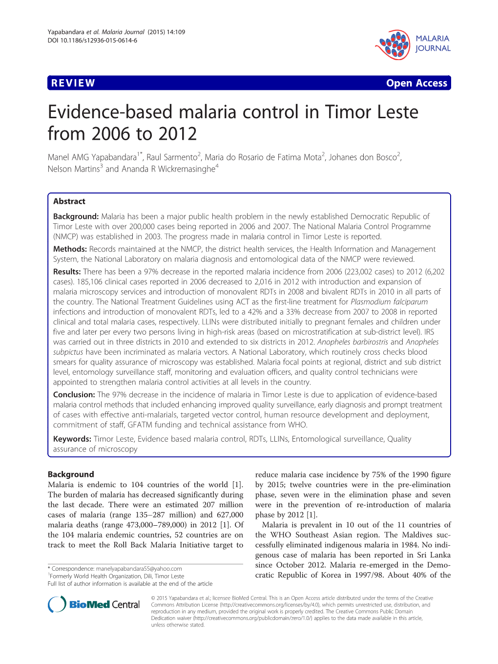 Evidence-Based Malaria Control in Timor Leste from 2006 to 2012