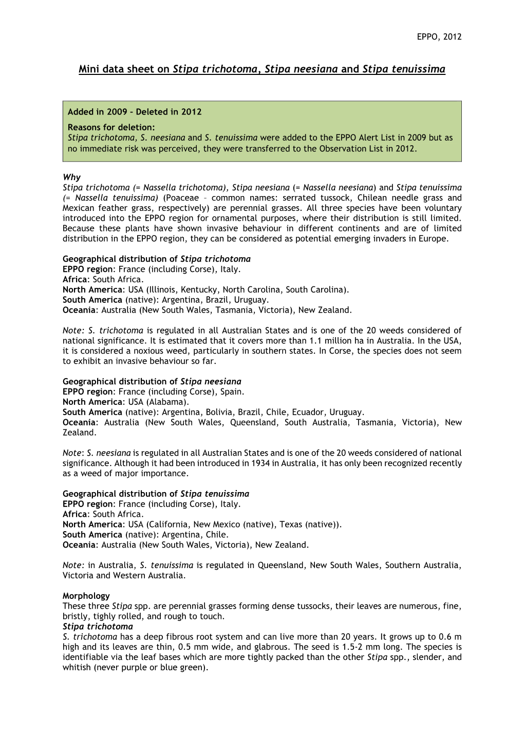 Mini Data Sheet on Stipa Trichotoma, Stipa Neesiana and Stipa Tenuissima