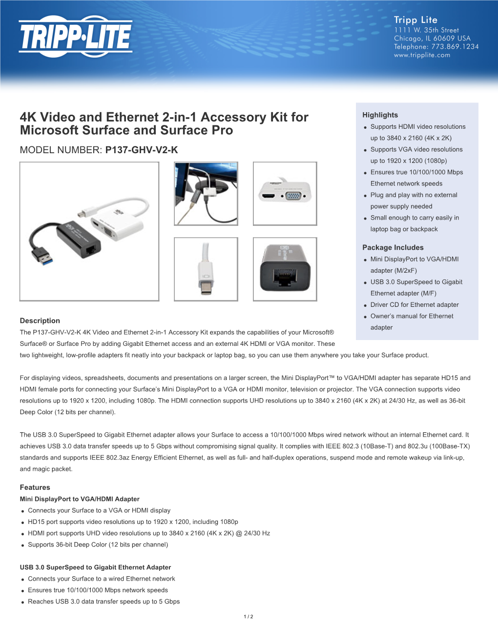 4K Video and Ethernet 2-In-1 Accessory Kit for Microsoft Surface