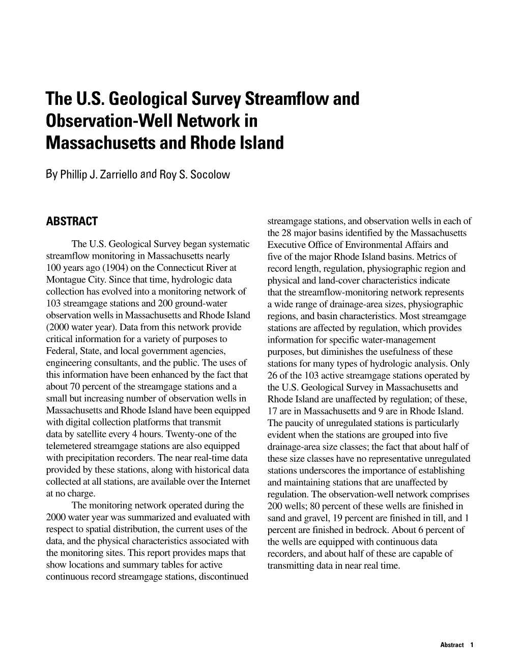 The U.S. Geological Survey Streamflow and Observation-Well Network in Massachusetts and Rhode Island