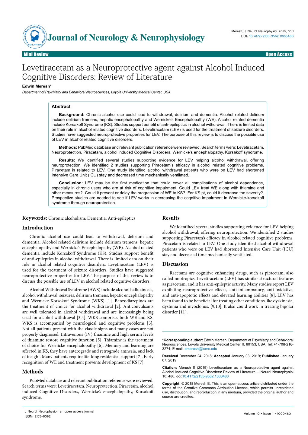 Levetiracetam As a Neuroprotective Agent Against Alcohol Induced Cognitive Disorders: Review of Literature