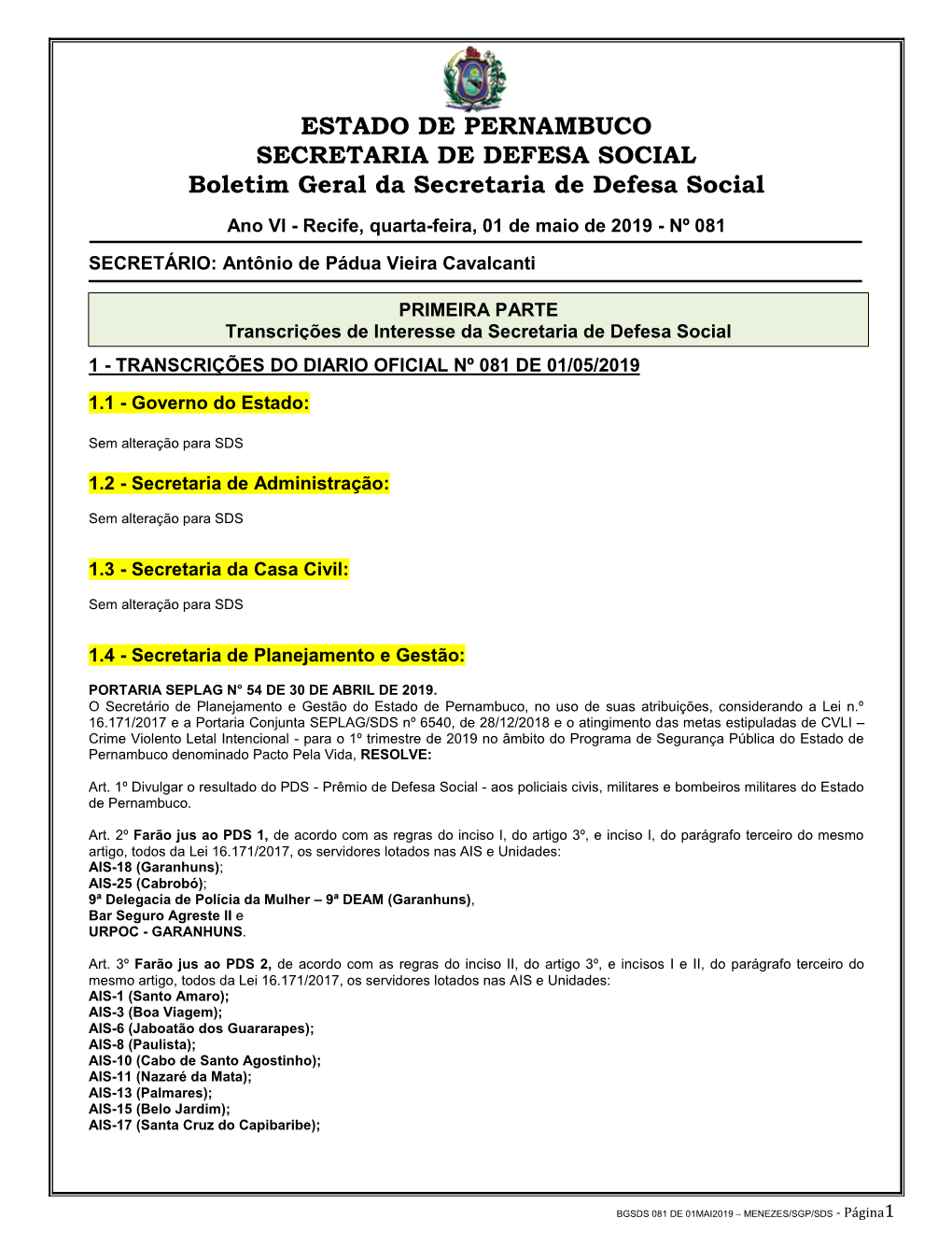 ESTADO DE PERNAMBUCO SECRETARIA DE DEFESA SOCIAL Boletim Geral Da Secretaria De Defesa Social