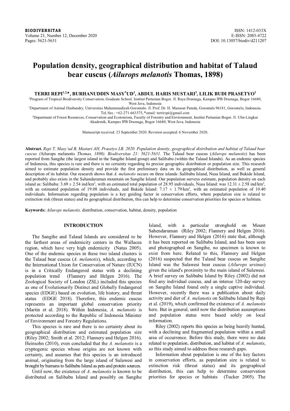 Population Density, Geographical Distribution and Habitat of Talaud Bear Cuscus (Ailurops Melanotis Thomas, 1898)