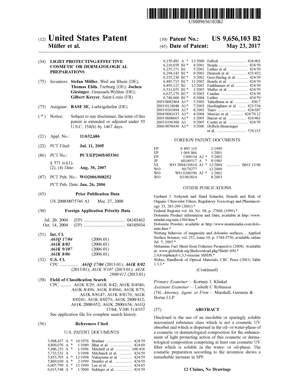 (12) United States Patent (10) Patent No.: US 9,656,103 B2 Müller Et Al