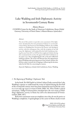 Luke Wadding and Irish Diplomatic Activity in Seventeenth-Century Rome
