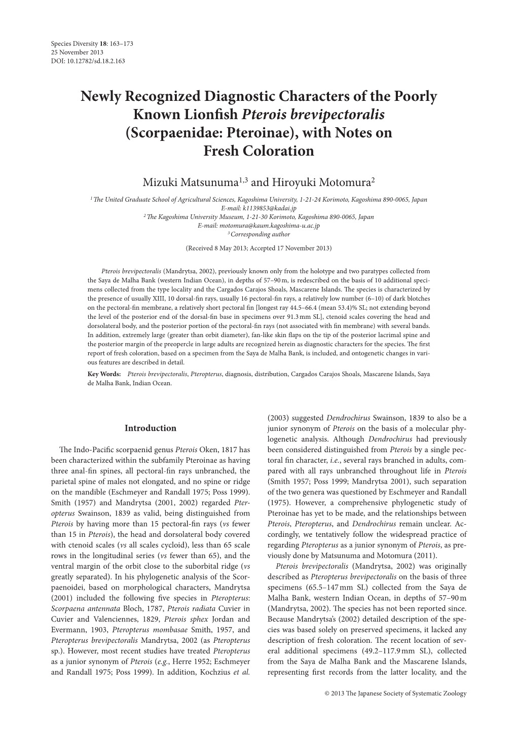 Scorpaenidae: Pteroinae), with Notes on Fresh Coloration