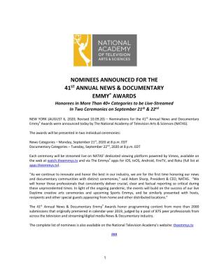 2020-41St News-Doc Emmy Awards Nominations Rev 10.09.20