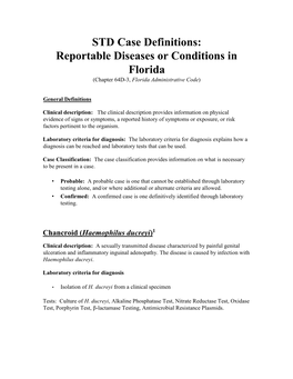 STD Case Definitions: Reportable Diseases Or Conditions in Florida (Chapter 64D-3, Florida Administrative Code)