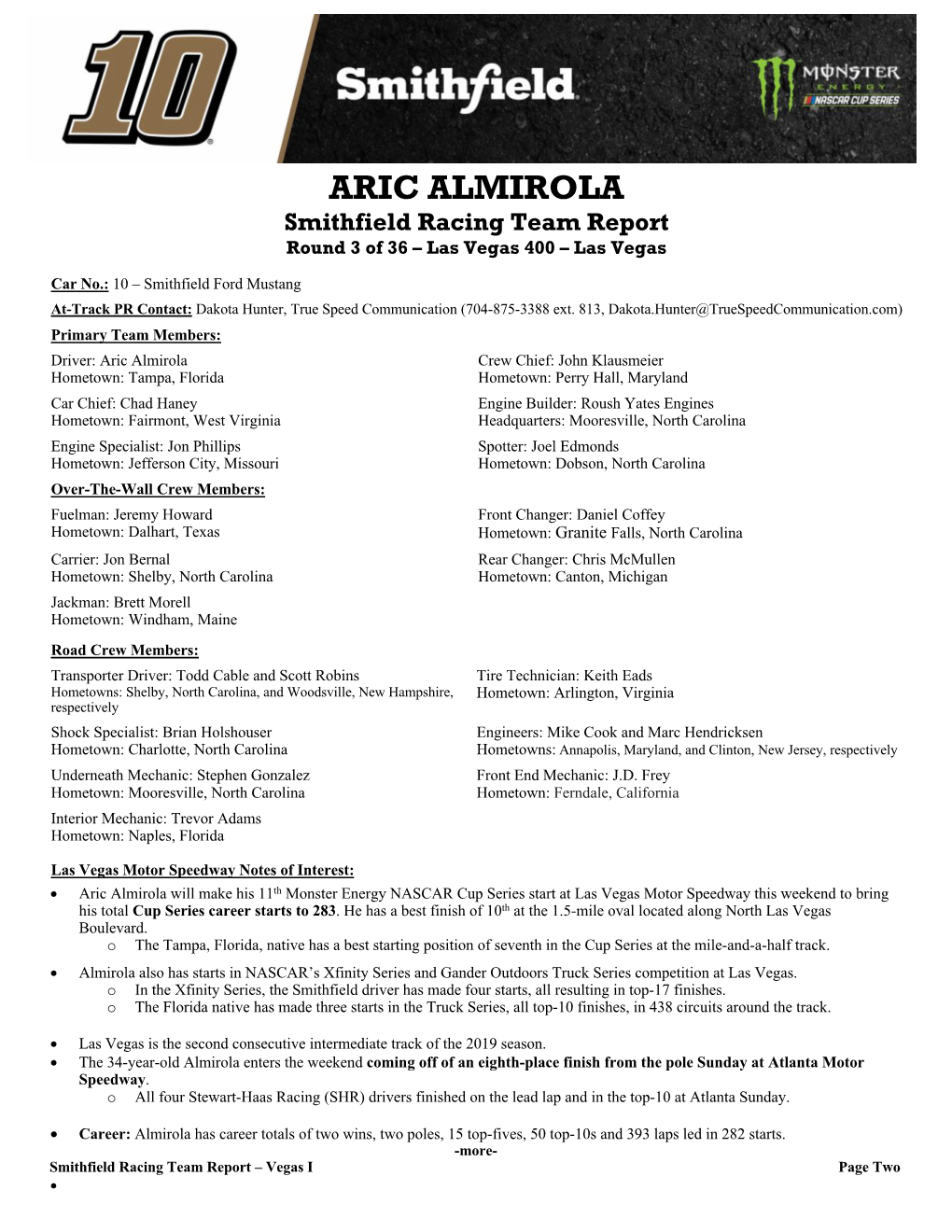 ARIC ALMIROLA Smithfield Racing Team Report Round 3 of 36 – Las Vegas 400 – Las Vegas