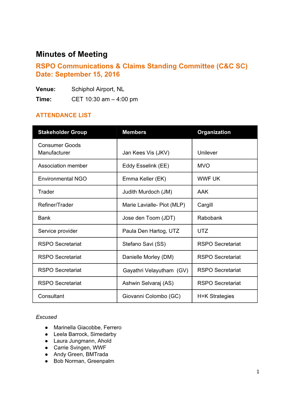 Minutes of Meeting RSPO Communications & Claims Standing Committee (C&C SC) Date: September 15, 2016