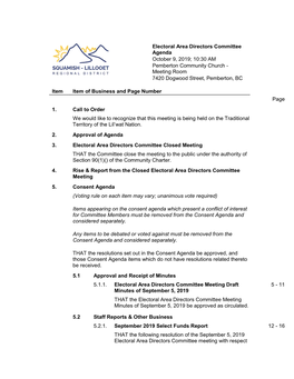 Electoral Area Directors Committee Agenda October 9, 2019; 10:30 AM Pemberton Community Church - Meeting Room 7420 Dogwood Street, Pemberton, BC
