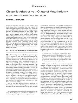 Chrysotile Asbestos As a Cause of Mesothelioma: Application of the Hill Causation Model