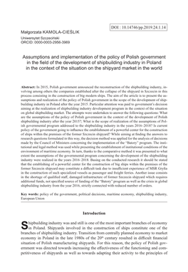 Assumptions and Implementation of the Policy of Polish Government in the Field of the Development of Shipbuilding Industry in Po