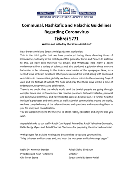 Communal, Hashkafic and Halachic Guidelines Regarding Coronavirus Tishrei 5771 Written and Edited by the Straus-Amiel Staff