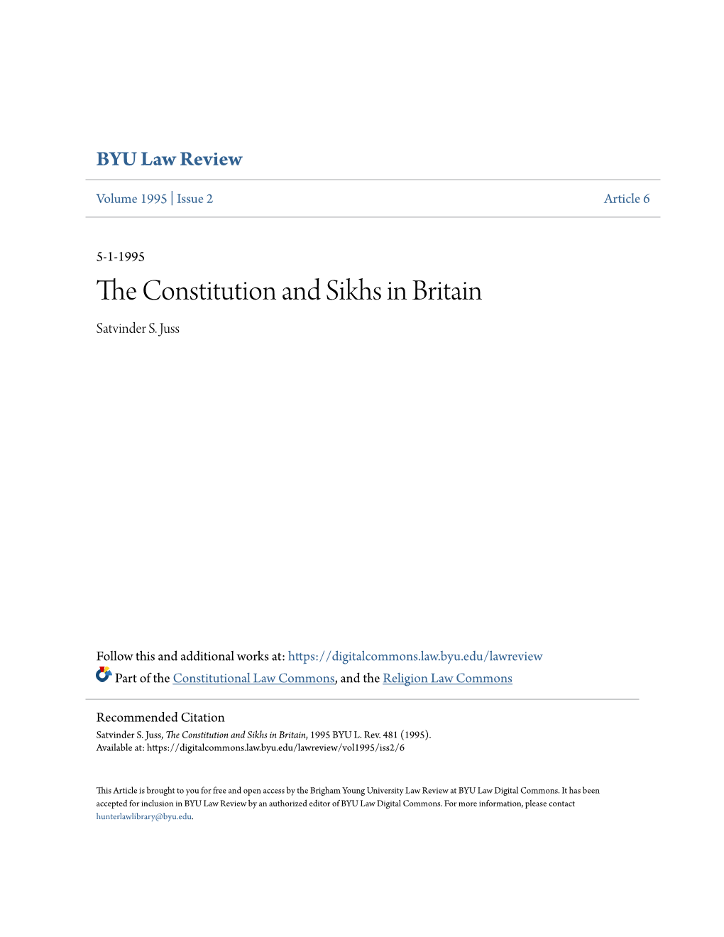 The Constitution and Sikhs in Britain, 1995 BYU L