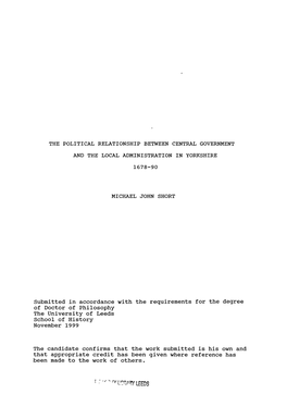 The Political Relationship Between Central Government and the Local Administration in Yorkshire 1678-90