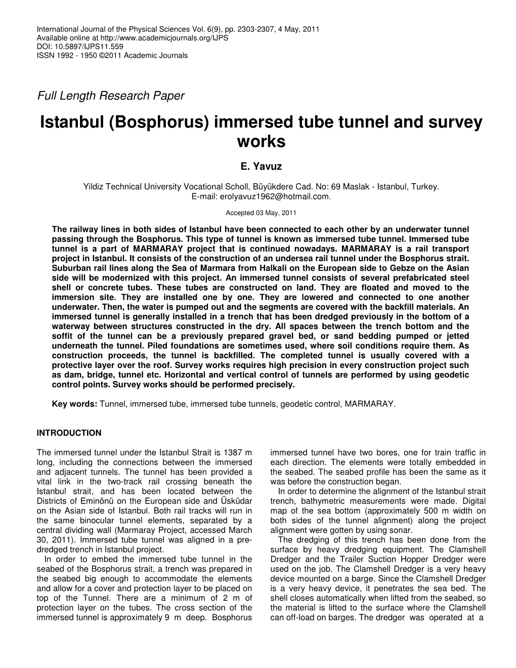 Istanbul (Bosphorus) Immersed Tube Tunnel and Survey Works