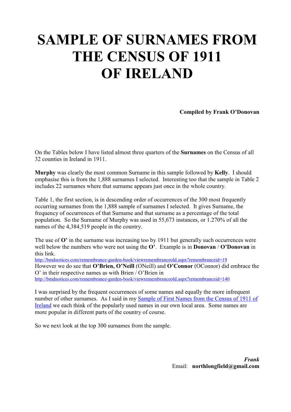 Sample of Surnames from the Census of 1911 of Ireland