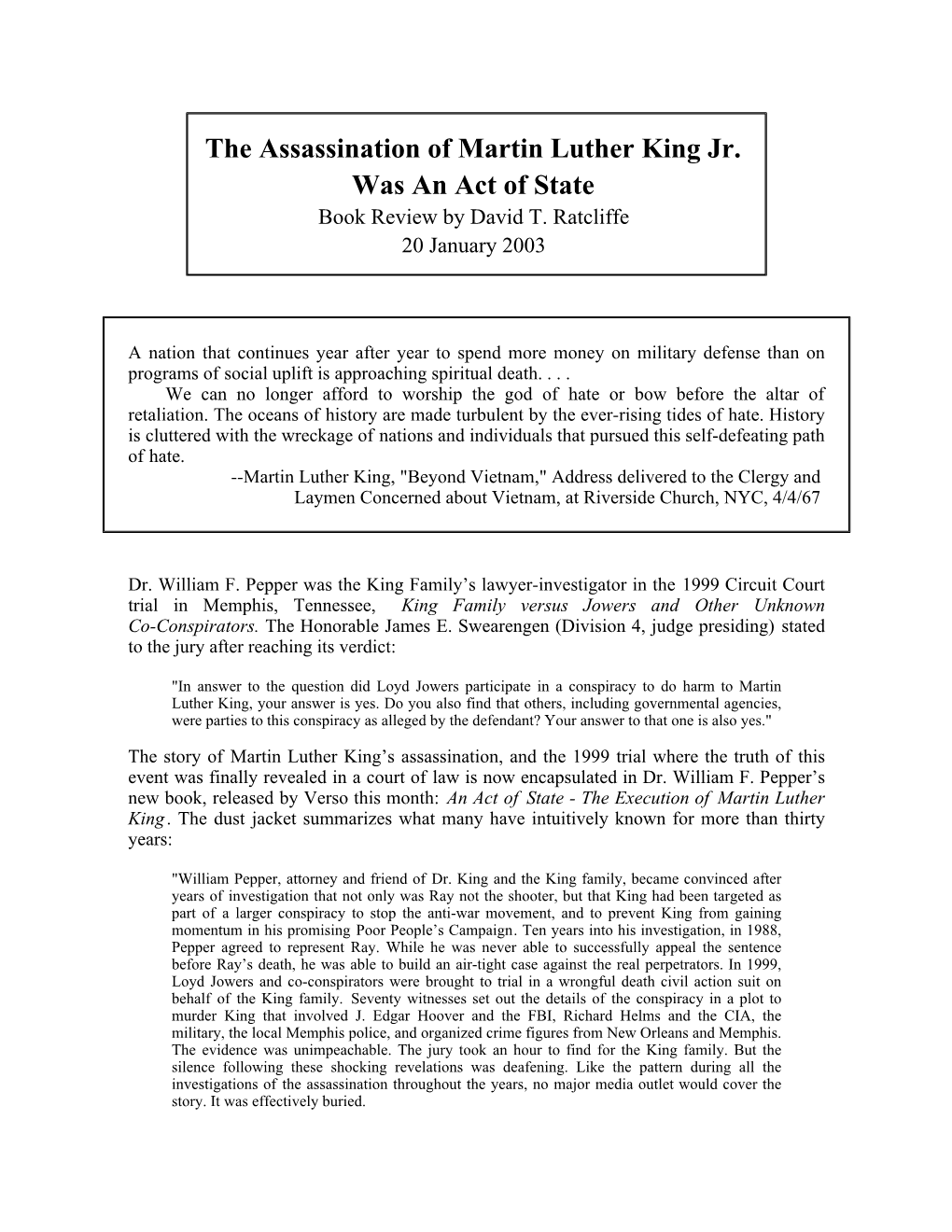 The Assassination of Martin Luther King Jr. Was an Act of State, 1/03