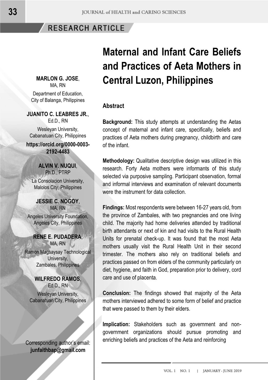 Maternal and Infant Care Beliefs and Practices of Aeta Mothers in Central