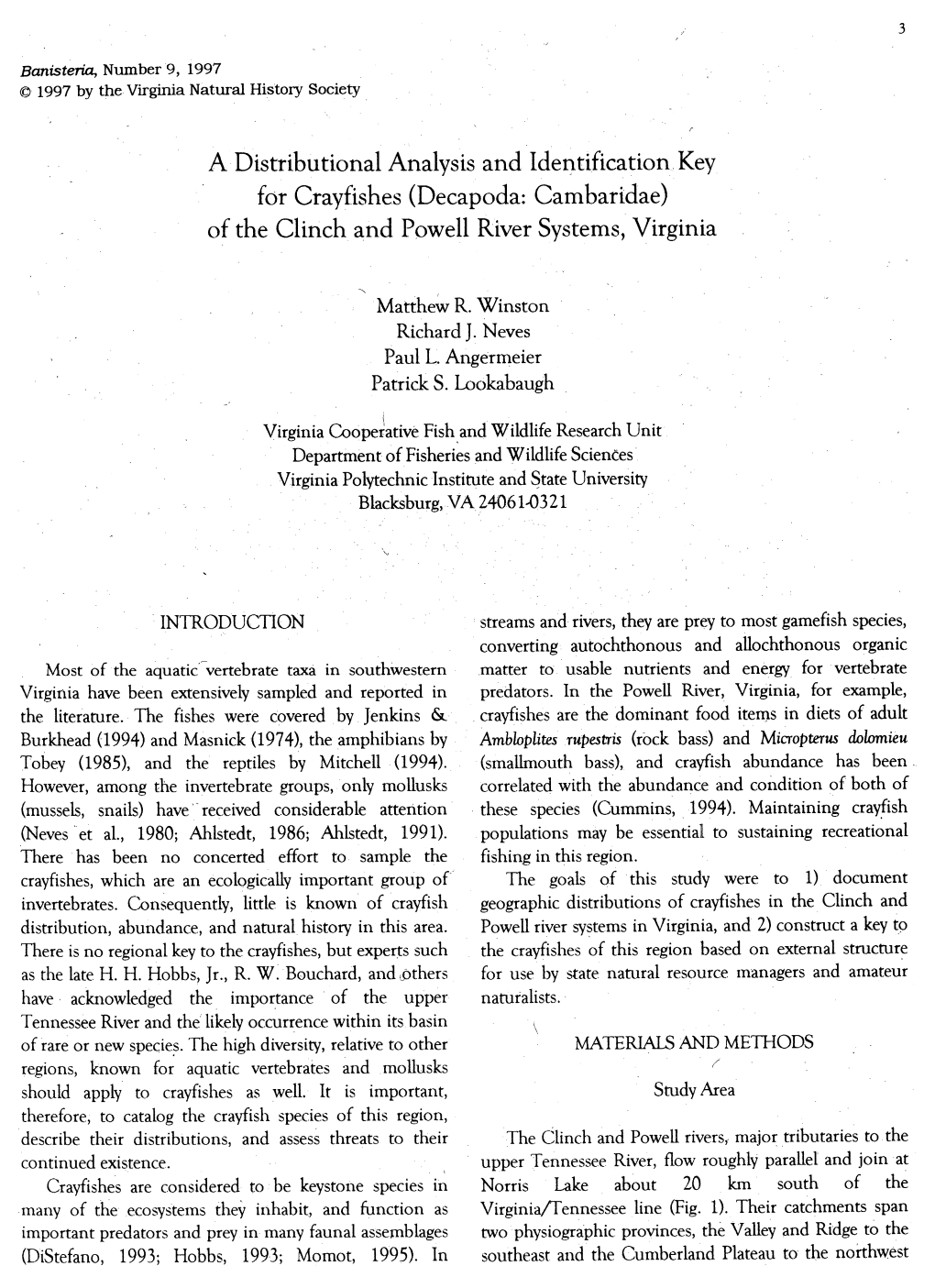 A Distributional Analysis and Identification Key. for Crayfishes (Decapoda: Cambaridae) of the Clinch and Powell River Systems, Virginia