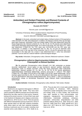 Antioxidant and Oxidant Potantials and Element Contents of Chroogomphus Rutilus (Agaricomycetes)